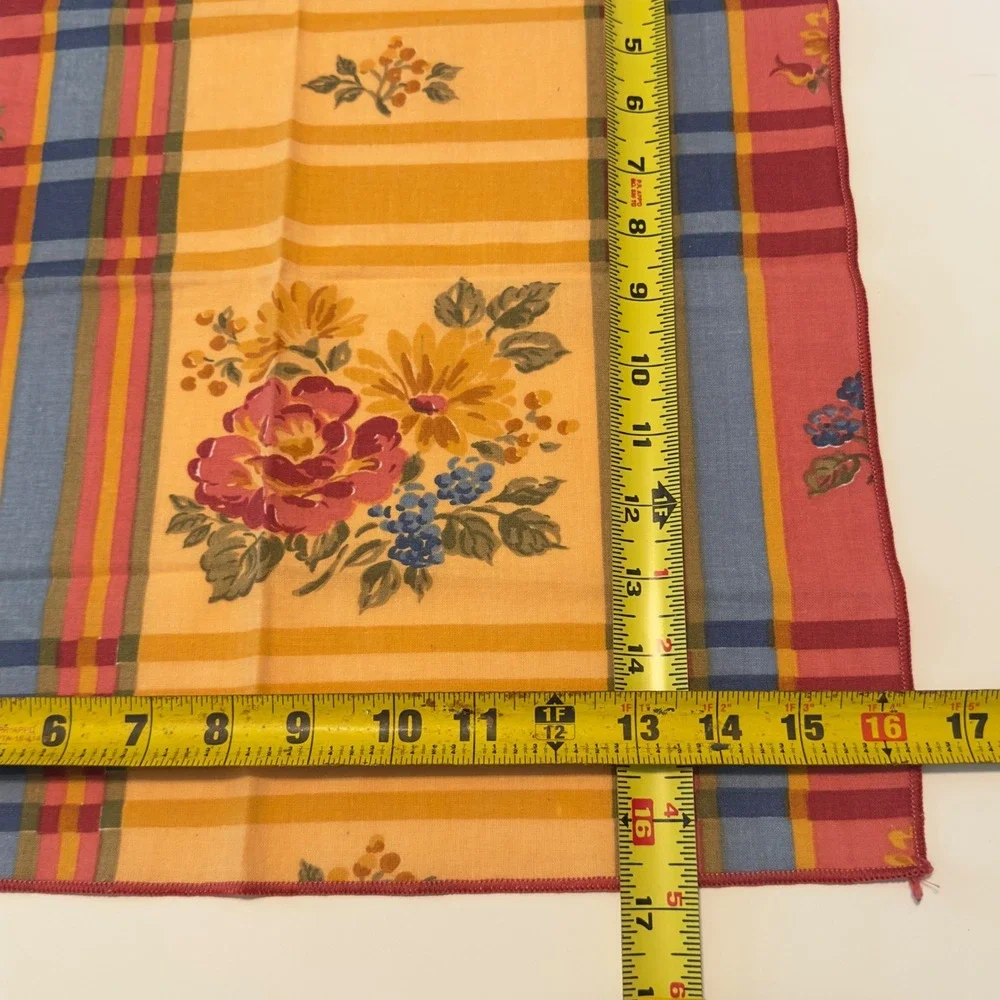 Vintage French Country Floral Plaid Cloth Napkins Set of 4 Yellow Red Blue 16x16